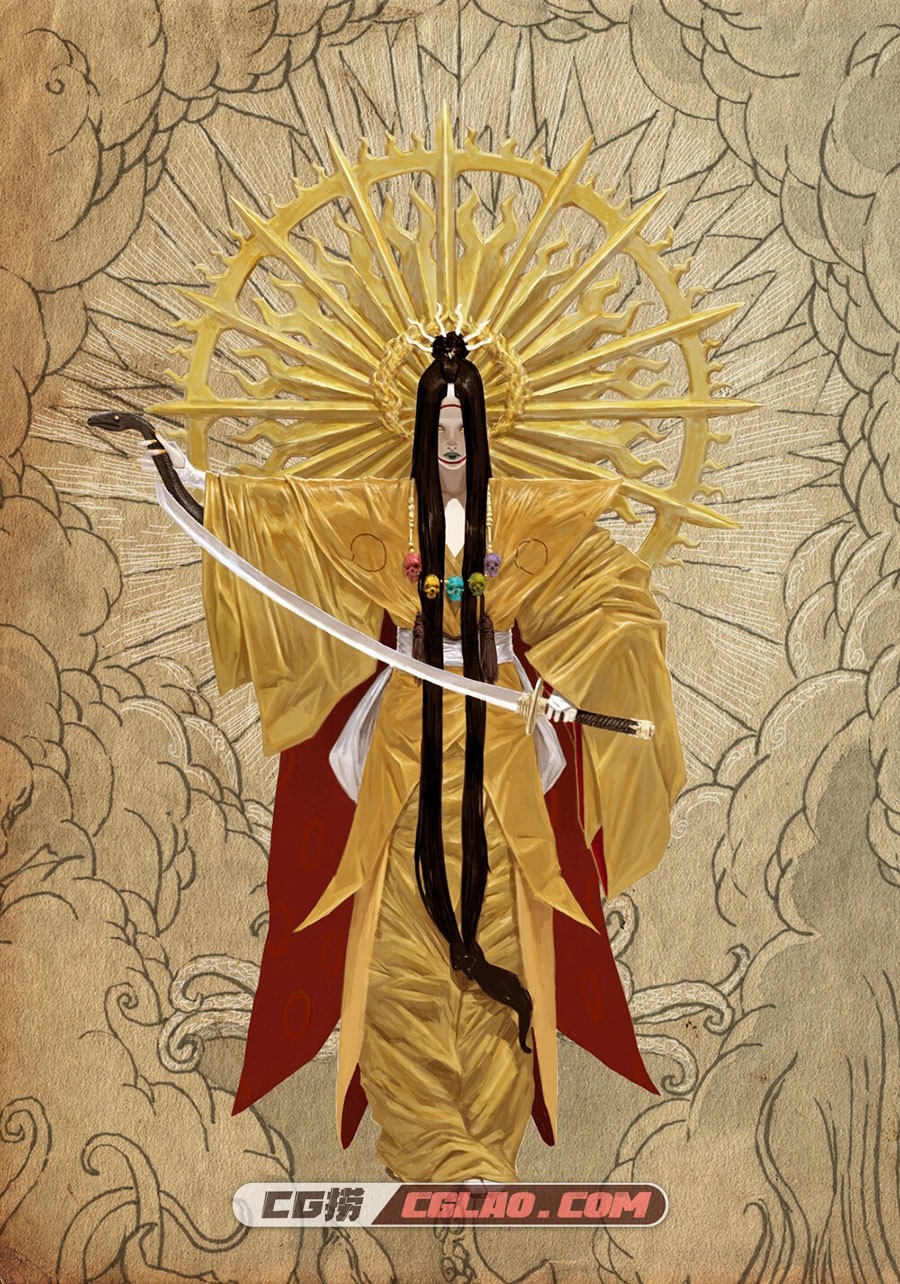 画师Adrian Smith 桌游Rising Sun旭 东方卡牌人物怪物设定原画,adrian-smith-japanese-gods-amaterasu.jpg